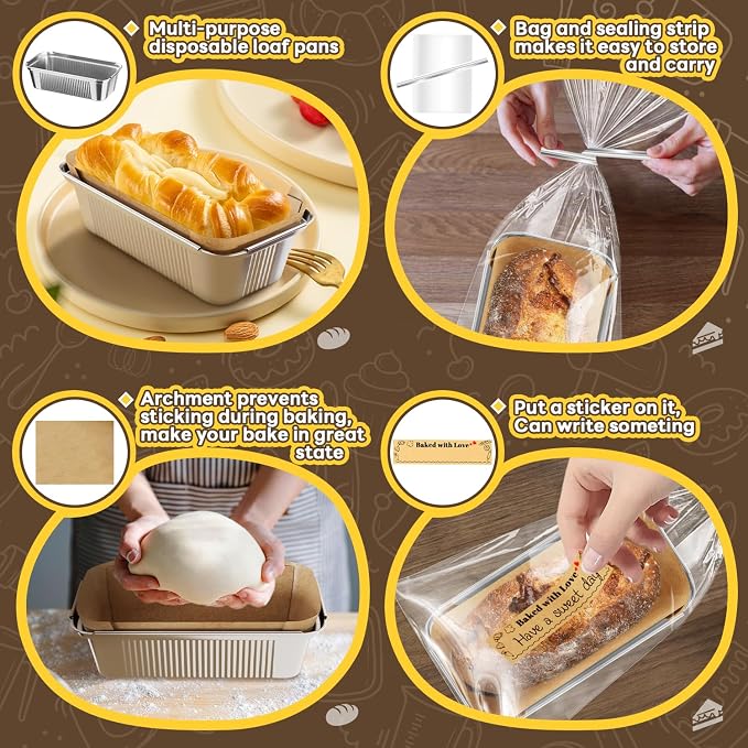 Gyreuni 50 Pack Disposable Loaf Pans with Bread Bags,8.3" X 4.1" X 2.2" | Heavy-duty foil pans fit up to 2.4 lb,Ideal for baking bread, banana bread, meatloaf, pound cake, and other homemade treats.