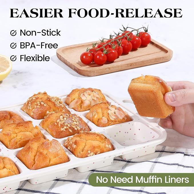 Mini Brownie Pan with Dividers, 12 Cup Square, Cream | Silicone, Metal Frame, Nonstick, Individual, Muffin Cupcake Pans
