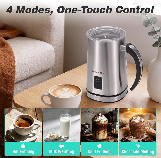 HAUSHOF 4-in-1 Electric Milk Frother and Steamer, Warm and Cold Foam Maker | Large Capacity, Hot Chocolate Maker, Automatic Milk Warmer, Frother for Coffee, Latte, Macchiato, Cappuccino