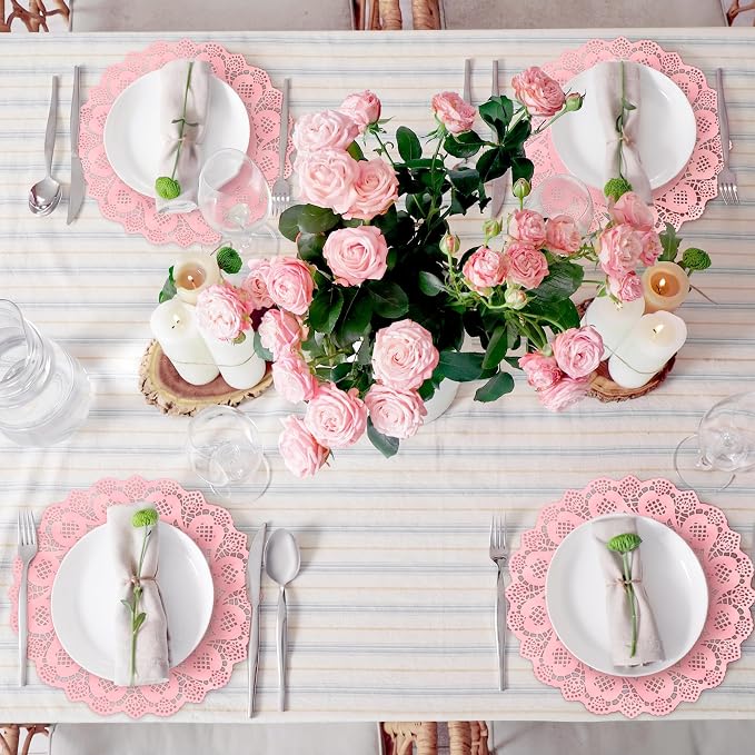 MCEAST 100 Pack Round Pink Paper Doilies 13.5 Inches Lace Paper Place Mats Rustic Scallop Doily Disposable Table Pads for Food Cakes Crafts Party Weddings Tableware Decor