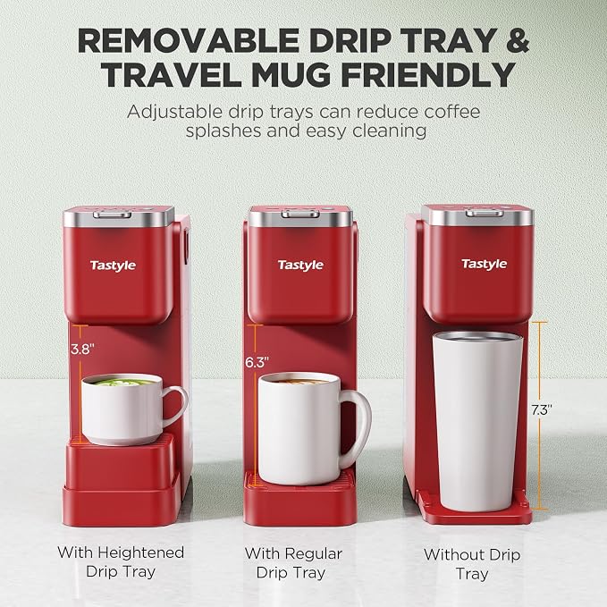 Tastyle Single Serve Coffee Maker with Built-in Detachable Milk Frother | For K Cups & Grounds, 40oz Removable Water Tank, 6 Brew Sizes, 2 Drip Trays, BPA Free, Fits 7.3" Travel Mug, K330MF, Red