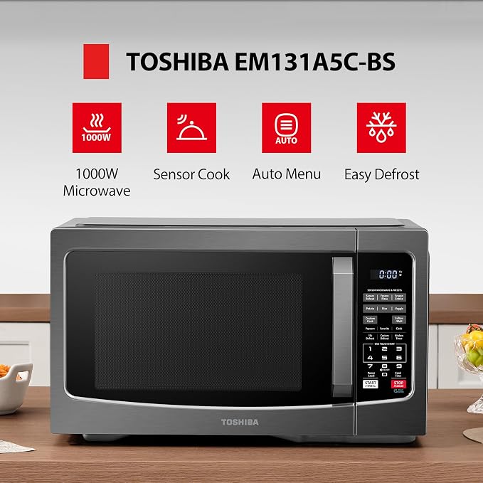 TOSHIBA Countertop Microwave Oven, 1.2 Cu.Ft, 1000W, Black | 12.4" Removable Turntable, Smart Humidity Sensor, 12 Auto Menus, Mute Function, ECO Mode, Easy Clean Interior