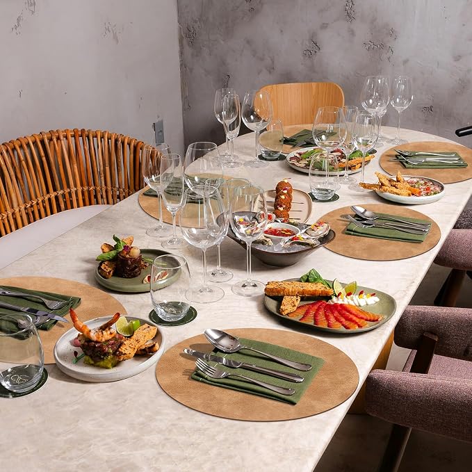 ADRIMER Placemats, Heat Resistant Round Placemats Set of 6 Washable, Waterproof Table Mats, Wipeable Faux Leather Place Mats for Kitchen, Dining Room, Camel