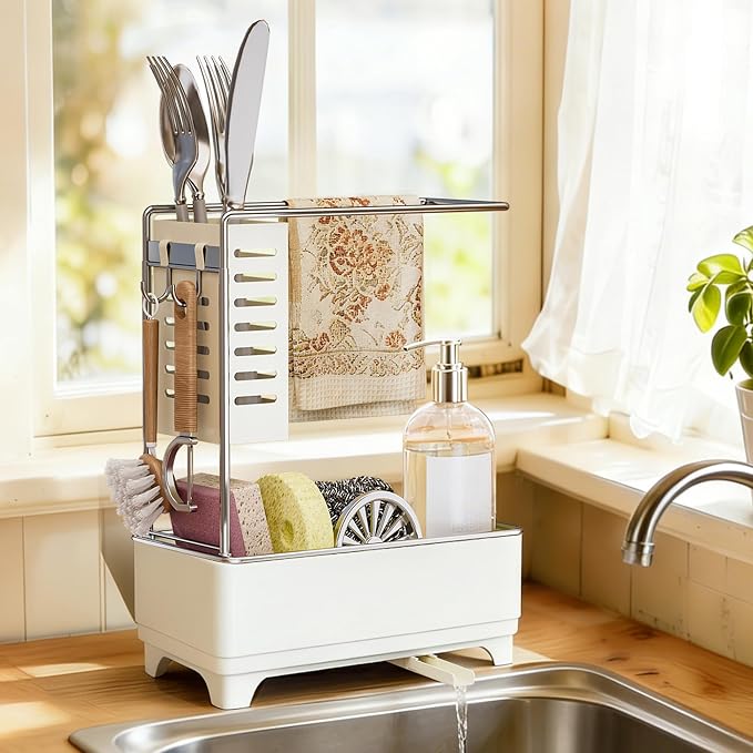 MOUKABAL 2-Tier Sponge Holder for Kitchen Sink Caddy Organizer,Off-white | Large Capacity/Rustproof Stainless Steel/360° Rotating Drain Keeps Counter Dry/Holds Sponge & Soap Bottle/Easy-Clean Tray