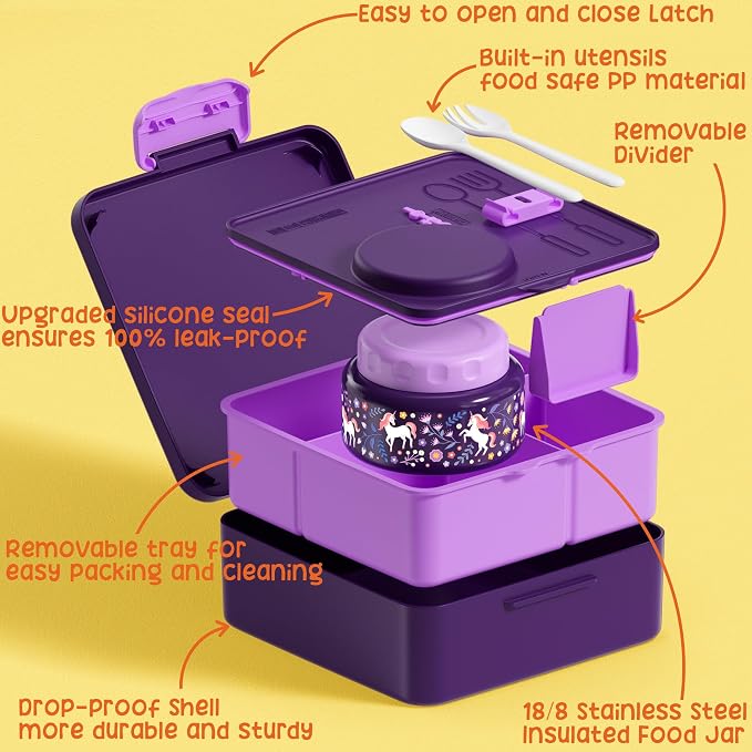Fimibuke Bento Box for Kids Adults, BPA Free Toddler Lunch Box with Thermo | w/ 8.5oz Insulated Food Jar Utensils & Sauce Jar, Leakproof Dishwasher Safe 3 or 4 Compartment Container for School Girl Boys