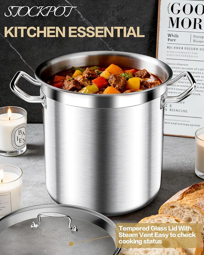 STOCKPOT Stock Pot 20 Quart - Commercial Grade Soup Pot With Lid - Nickel Free Stainless Steel - Polished Stockpots - Heavy Duty Induction Pots