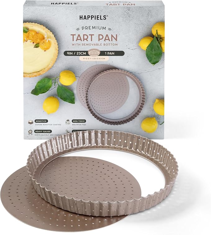 9 inch Tart Pan with Removable Bottom Nonstick, PFOA & BPA Free | | Non-Toxic - High Carbon Steel - Gold - Perforated Tart Mold