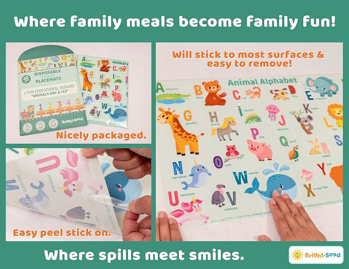 Bright Seed Disposable Placemats for Baby & Toddlers, Learning Mat- Animal1 | 40 Disposable Placemats, ABC, Numbers & Animal Learning, Perfect for Restaurants & Travel, Helps Keep Tables Clean