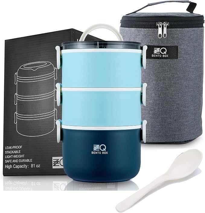 3-Tier Stackable Lunch Box Adult Bento Box Set with Thermo Bag, Utensils | 81oz Large Capacity Lunch Containers, BPA-Free, Leak-Proof, Microwave & Dishwasher Safe Bento Box for Work, School, Blue