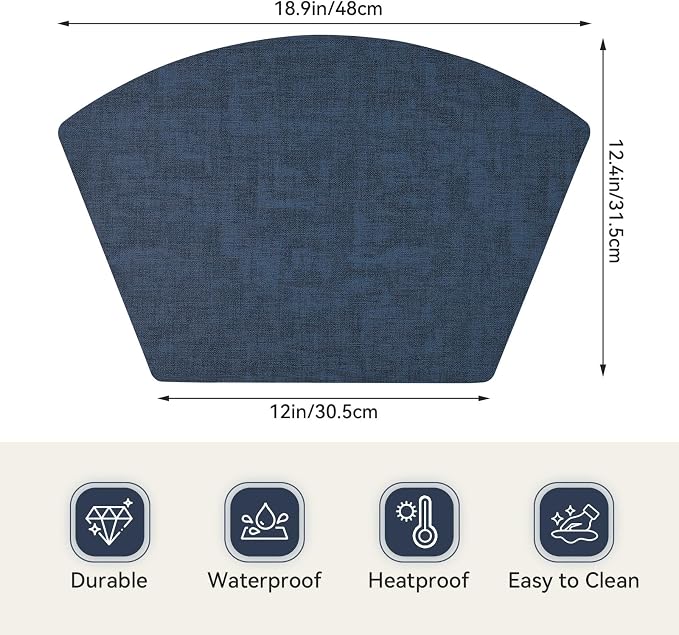 Round Table Placemats Set of 4, Faux Leather Wedge Shape Place Mats Heat Resistant Wipeable Washable Table Mats for Dining Outdoor Indoor, Dark Blue