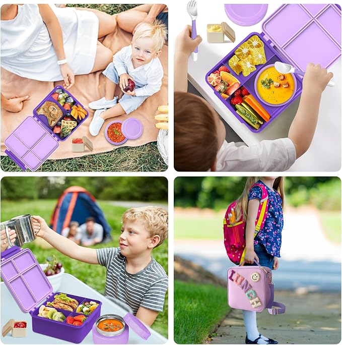 Aimsnk Lunch Box Kids with Thermo Insulated Lunch Bag for School, Purple | Bento Lunch Box for Kids with 8oz Food Jar, Leak Proof Hot Lunch Containers with 4 Compartment, Warm Lunchbox for Toddler