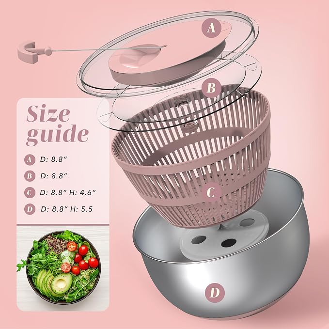 COOK WITH COLOR Stainless Steel Salad Spinner - 5 Qt. Lettuce Washer And Vegetable Spinner Dryer for Easy Salad Prep - Non Slip Base with Pull Handle - Auto Stop Brake System, Stain and Odor Resistant