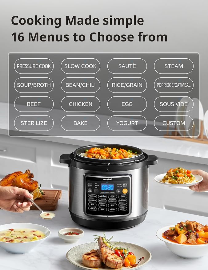 COMFEE’ 16-in-1 Electric Pressure Cooker with Non-Stick Pot for Yogurt, Rice, Slow Cooking, Steaming, and More, 8 Quarts