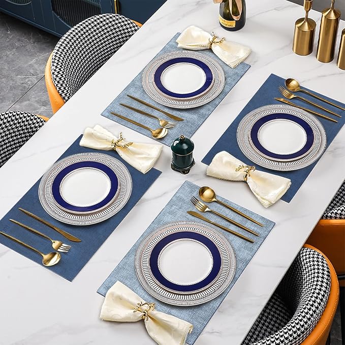 Leather Placemats Table Mats Set of 6, Navy Blue & Light Blue | Reversible Non-Slip Table Placemats, Heat-Resistant and Waterproof for Dining Kitchen and Holiday Parties