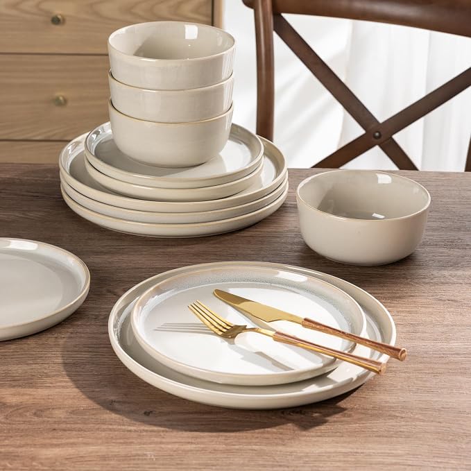 AmorArc Stoneware Dinnerware Sets for 4, 12Pcs Plates and Bowls Sets Dishes | Ceramic Round Reactive Glaze Dishes Set, Highly Scratch Resistant | Dishwasher & Microwave Safe Dishware