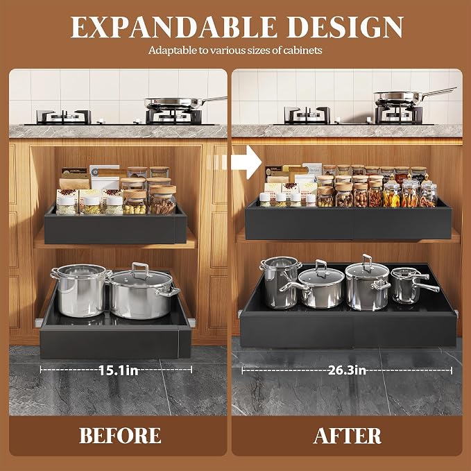 Seinloes 4 Pack Expandable Pull Out Cabinet Organizer 21"Deep With Raising Pad for Framed Cabinets,Upgrade 3 Slide Rails Slide Out Drawers,No Drill Roll Out Shelves,Adjustable Width 15.1"-26.3" Black