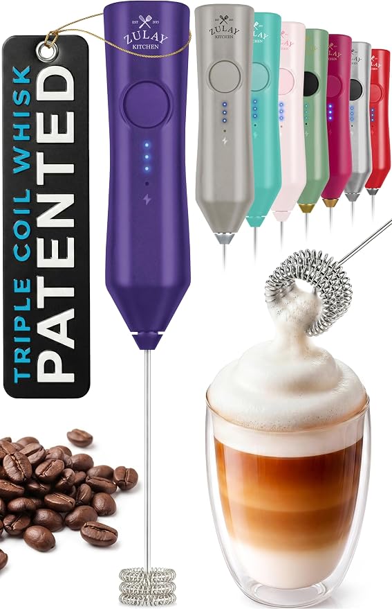 Zulay Kitchen Rechargeable Milk Frother Handheld - Frother Wand, Drink Mixer, Electric Whisk Frother, for Cappuccinos, Matcha & Protein Powder - Dynamic Triple Whisk, 3 Speed 500mAh Purple