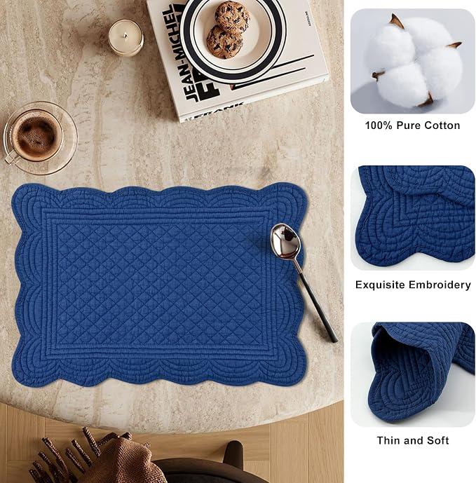 6 PC Quilted Placemats, 18"X13"Extra Large Cotton Placemats Set of 6, 100% Cotton Fabric Washable Cloth Table Mats for Kitchen & Dining Table - Soft &Easy Clean(Sapphire Blue, Rectangular)