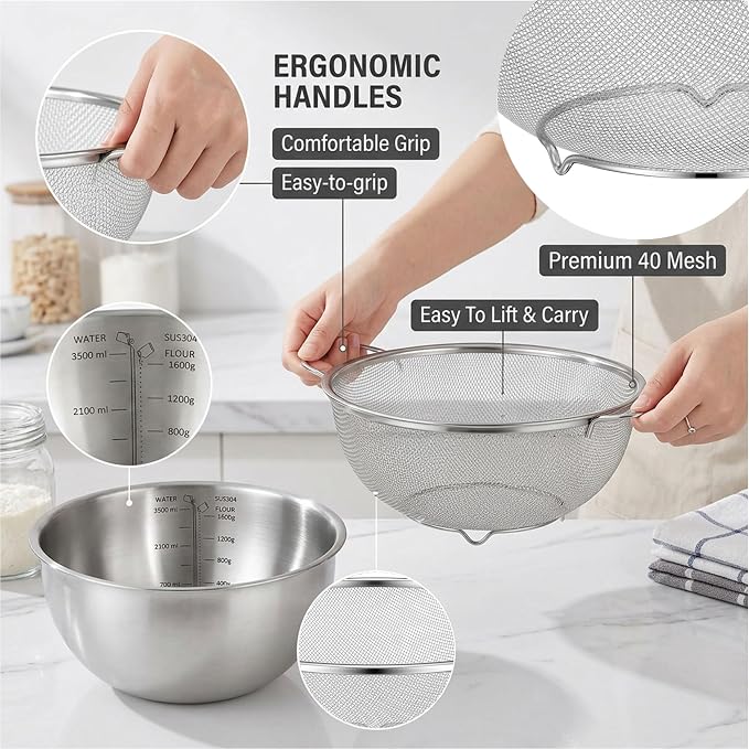 18/8 Stainless Steel Fine Mesh Colander Set, 3.5Qt | Includes 1 mixing bowl with built-in measurement marks and 1 fine 20-mesh strainer for rinsing, mixing, and draining.