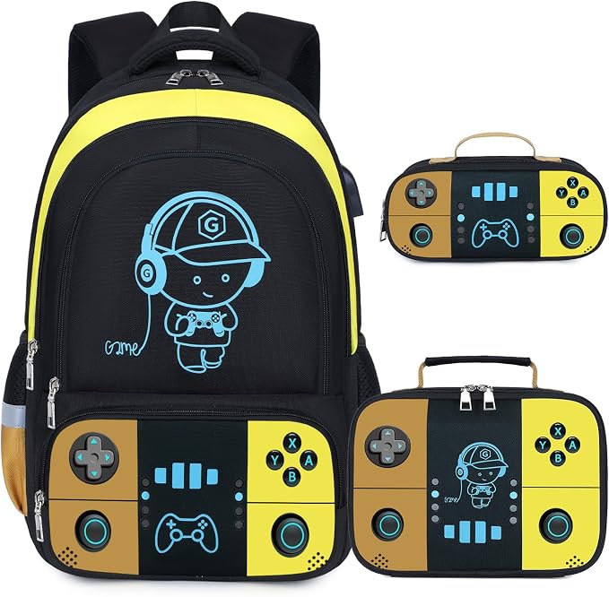 Backpack for School Boys, Cool Luminous Gamer Boys Schoolbag | with Lunch Box & Pencil Case Set for Kids Teens Elementary Middle School, Bookbag Glow In The Dark