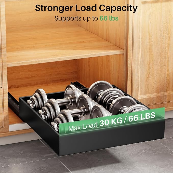 Pull out Cabinet Organizer, 21"Deep, Heavy Duty Full-Extension Slide out Drawers for Kitchen Cabinets with Nano Adhesive, Roll Out Shelf Sliding Cabinet for Pots, Bathroom, Pantry, Under Sink, Black