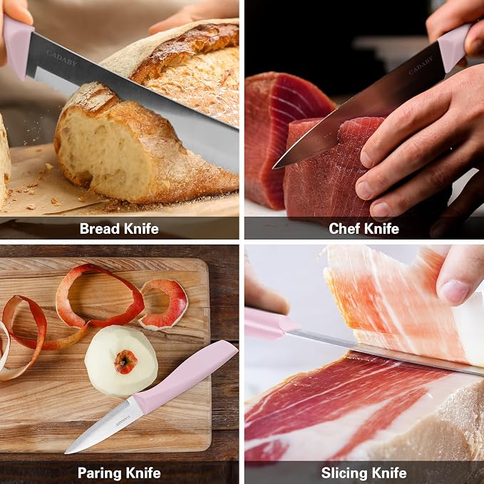 19 PCS Pink Kitchen Cooking Utensils Set Kitchen Tools Set | 6 Stainless Steel Knives, 11 Silicone Utensils with 1 Cutting Board, Ideal for Apartment