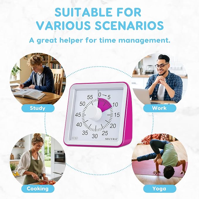 Secura Visual Timer for Kids, 60 Minute Classroom Countdown Timer for Study | Non-Ticking, Adjustable Alarm Volume/Duration, Low Power Reminder, Time Management Tool for ADHD (Violet & Violet)