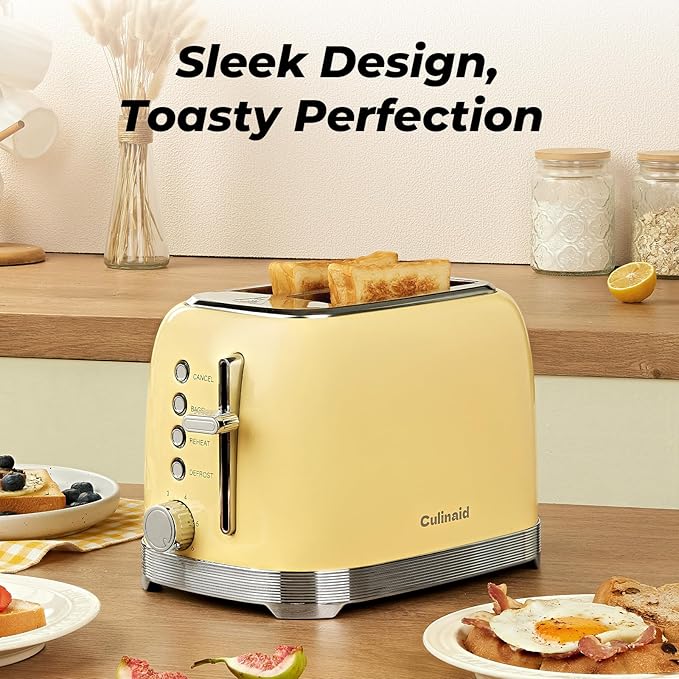 Toaster 2 Slice Retro Stainless Steel, Yellow | 1.5” Extra Wide Slots with Bagel, Defrost, Reheat, Cancel Functions, 6 Bread Shade Settings, Removable Crumb Tray