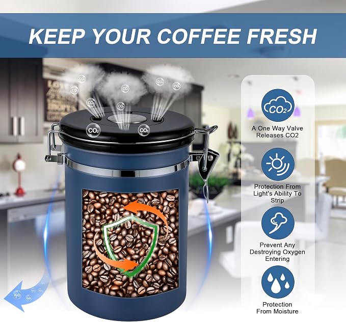 1800ML Airtight Coffee Canister with Date Tracker&Transparent Window, 22.8OZ Coffe Beans Storage with 30ML Measure Spoon&4 co2 Valve, Coffee Container for Grounds Coffee, Beans, Tea, Sugar&Flour(Blue)