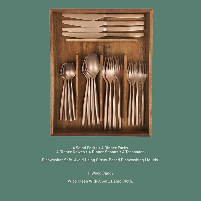 Two Time Oprah's Favorite Things Winner - 20 Piece Stone Washed Rose Gold Flatware 18/10 Stainless Steel Silverware Cutlery Utensil Set With Acacia Wood Caddy - Service for 4