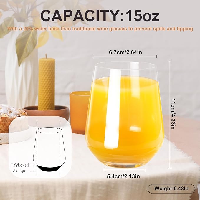 Stemless Wine Glasses Set of 6, 15oz Clear Drinking Glassware Dishwasher Safe, Wine Glass Tumblers for Red or White, Gift for Party, Holiday, Anniversary, Restaurant, Home Bar, Daily Use