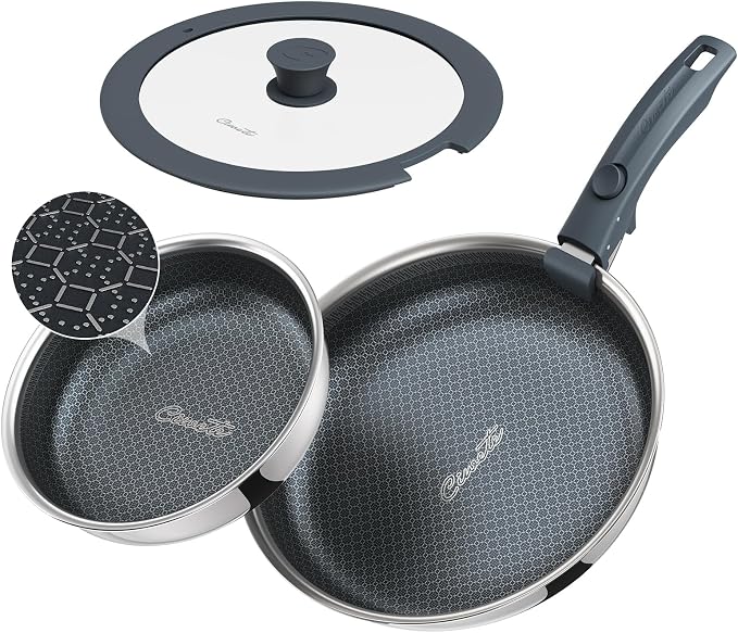 Hybrid Non Stick Frying Pans Set 4-Piece, 8 & 10 Inch Tri-Ply Stainless Steel Pans with Lid and Detachable Handle, PFOA Free Skillets for All Cooktops, Dishwasher & Oven-Safe Cookware Set