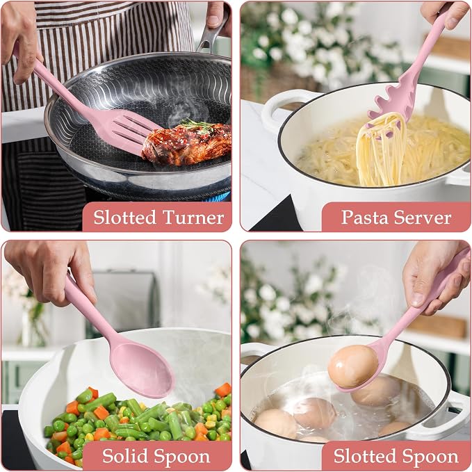LIANYU Pink Silicone Cooking Utensils Set of 8, Non-Toxic Kitchen Utensils | Include Spatulas Spoons, Heat Resistant Non-Scratch Kitchen Tool, Healthy & Dishwasher Safe