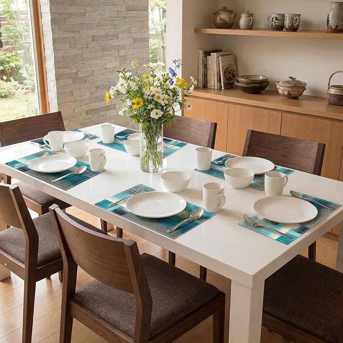 Emvency Farmhouse Placemats Set of 6, 12x18 Inch, Teal Blue Coastal | Farmhouse Modern Art Painting Table Mats for Outdoor Home Party Kitchen Dining Decoration