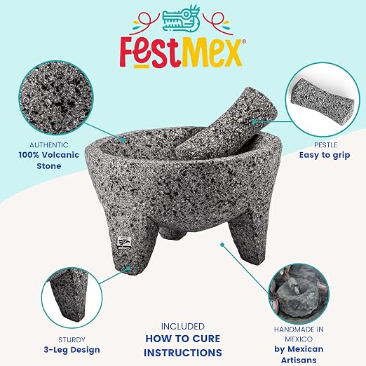 Genuine Handmade Mexican Mortar and Pestle, Molcajete Mexicano — Mexican Cookware Perfect as Guacamole Bowl and Masher, Mortero para Cocina Made from Volcanic Rock in Mexico (Pestle Replacement)