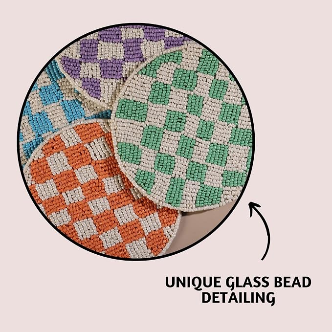 Folkulture Coaster for Drinks | (4") Pack of 4 Multicolor Boho Coasters | Cute Round Boho Coaster | Beaded Drink Coasters for Coffee Table Decor | Round, Beaded, Hand Wash Only