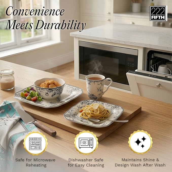 222 Fifth Adelaide Grey 16-Piece Floral Porcelain Dinnerware Set | Microwave and Dishwasher Safe Dining Set for 4 | Stackable and Chip-Resistant Plates Bowls and Cups | Gift for Housewarming & Wedding