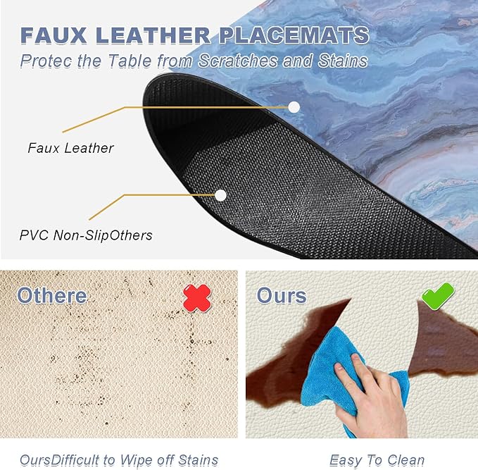 Marble Faux Leather Placemats Set of 4 - Heat Resistant Placemats for Dinner Table, Non-Slip Waterproof Oil-Proof Washable Reusable Placemat for Indoor Outdoor Kitchen Decor, 15.75In*11.81In
