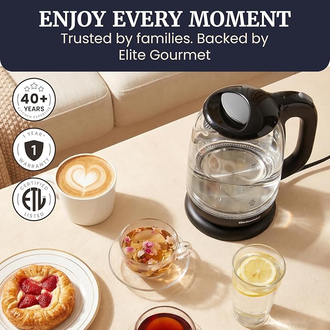 Elite Gourmet EKT1792 1.7L Glass Kettle, Blue LED, Rapid Boil, 7.2 Cups | Auto Shut-Off, Boil-Dry Protection, 360° Cordless Base, Hot Water for Tea, Coffee & Oatmeal
