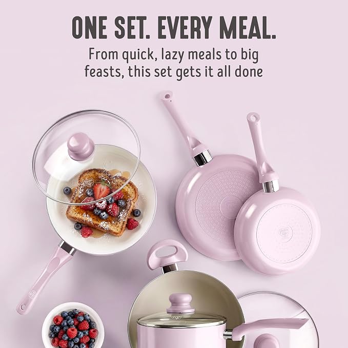 GreenLife 16pc Ceramic Nonstick Pots & Pans Cookware Set, Blush Pink | PFAS-Free Nonstick Coating, Stockpot, Frying Pans, Saucepan, Sauté, Induction Ready, All Stovetop Compatible, Dishwasher Safe