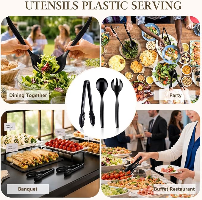 Mwellewm 72Pcs Plastic Serving Utensils Set 10 inch Disposable Serving Spoons Forks Tongs for Serving Food Large Heavy Duty Black Large Party Utensils Supplies for Buffet Restaurant Dinner Salad Soup