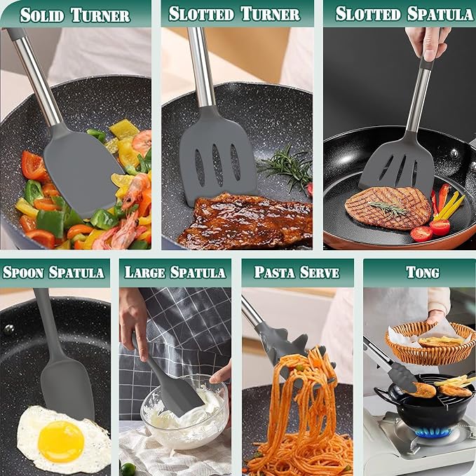 Umite Chef Silicone Kitchen Cooking Utensil Set, 43 pcs Silicone Spatula with Stainless Steel Handle, Non-stick Heat Resistant - Best Cookware (Grey)