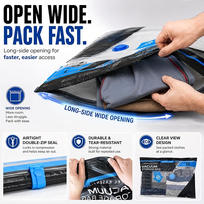 Travel Vacuum Bags with 60KPA Pump, 16 Pack Vacuum Seal Bags for Clothing | Compression packing bags for carry-on luggage and suitcases, leak-proof space savers for bedding and seasonal home storage