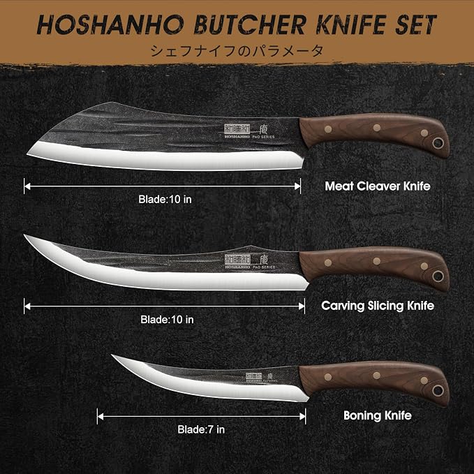 HOSHANHO Butcher Knife Set, 3PCS Knife Set of Meat & Slicing & Boning Knife | Ultra Sharp Kitchen Knife Set, Hand Forged High Carbon Steel Knives Set for Home & Camping & BBQ Gift with Men