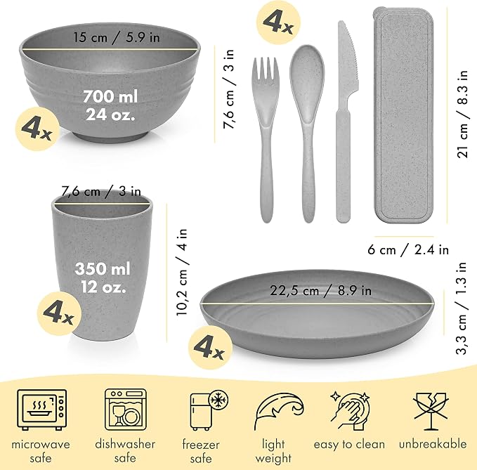 FOODLE Wheat Straw Dinnerware Set - RV, Camping, Picnic Plates Cups & Bowls | BPA-Free & Safety Tested - Microwave & Dishwasher Safe - Lightweight & Unbreakable Dishes - Great for Kids & Adults - For 4