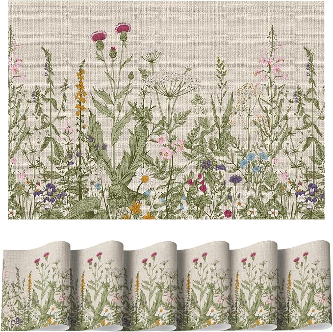 Artoid Mode Wild Flower Vinyl Placemats Set of 6, Wipeable Colorful Printing PVC Table Mats for Spring Party Kitchen Dining Decor, 12x18 Inch