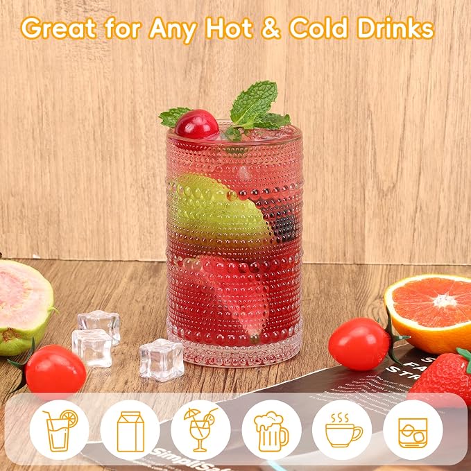 Moretoes 4 Pack Hobnail Drinking Glasses Set,Glass Cups | 12 Oz Highball Glasses & 10 Oz Cocktail Glasses, Kitchen Bar Tumbler Glassware Set for Whiskey, Beer, Juice, Milk
