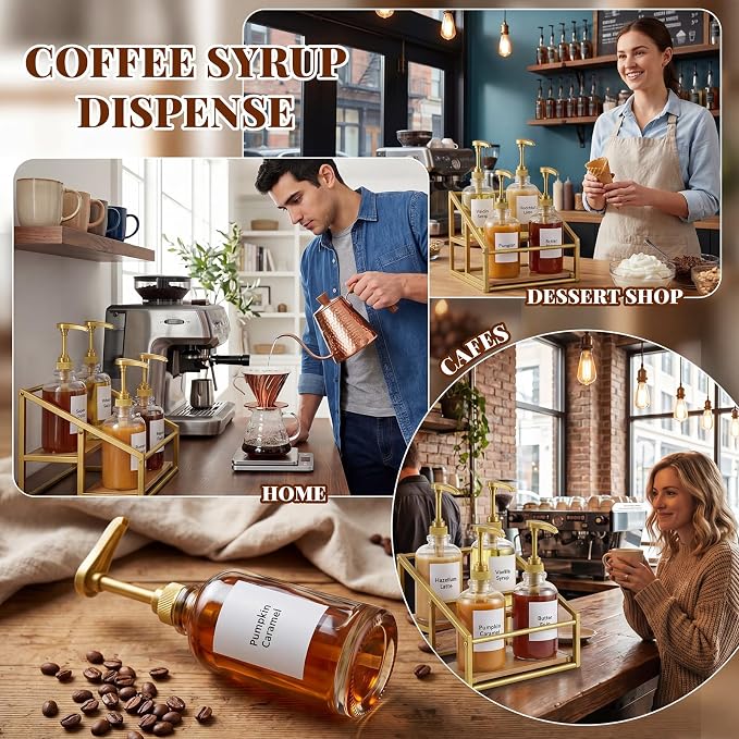 Coffee Bar Accessories, 4 Pack 16.9oz/500ml Gold Syrup Dispenser with 1/4oz Pump, 2-Tier Syrup Rack Organizer, Labels, Straw Brushes, Funnels for Kitchen Countertop, Wine, Dressing Storage