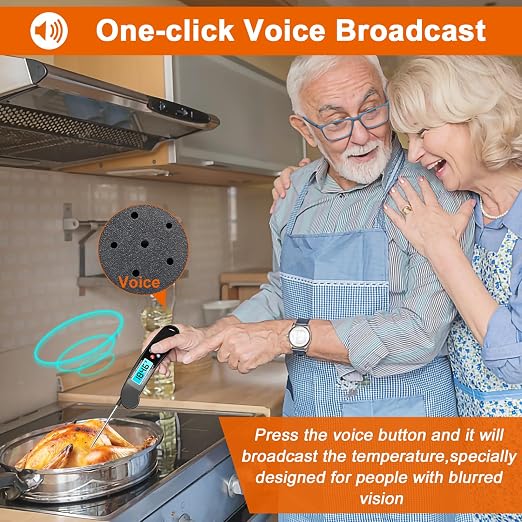 Digital Talking Thermometer for The Blind, Waterproof Instant Read Food Thermometer with Talking Function & Backlight, Meat Thermometer with Probe for Cooking and Grilling, and More