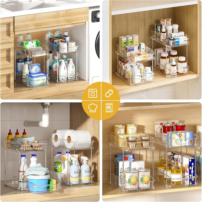 Delamu Bathroom Under Sink Organizers and Storage, 2 Pack, Clear | 2-Tier Multi-Purpose, Stackable, Pull Out Cabinet Kitchen Pantry Organization and Storage with Dividers